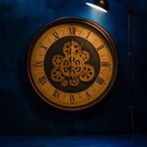 Beige Wall Clock with Black Roman Dial, Golden Moving Gears, and Brown Rim