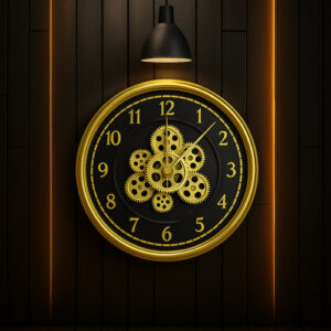Black and Gold Wall Clock with Moving Gears