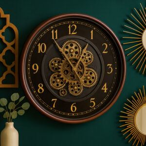 Black Wall Clock with Golden Moving Gears and Numbers