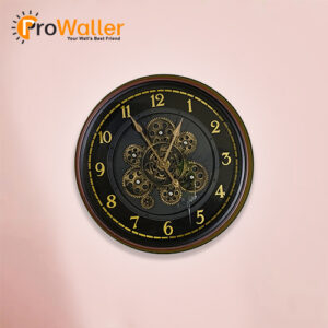 Black Wall Clock with Golden Moving Gears and Numbers
