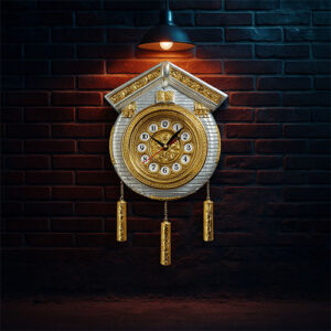 Cuckoo Wall Clock with Golden Weights in White and Silver Color