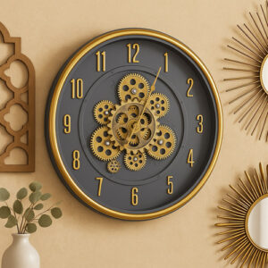 Gold Gear Wall Clock with Charcoal Grey Background