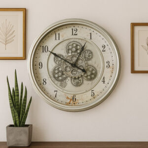 Silver Wall Clock with Metallic Moving Gears