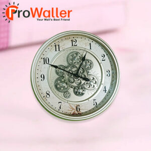 Silver Wall Clock with Metallic Moving Gears