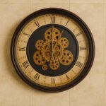Beige Wall Clock With Black Roman Dial Golden Moving Gears And Brown Rim