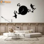 Birds With The Branches Wall Clock 3D Laser Cut Black Dail with Birds Home Decore Wooden Wall Clock