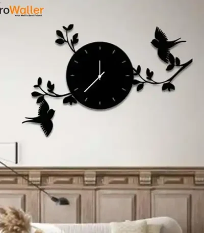 Birds With The Branches Wall Clock 3D Laser Cut Black Dail with Birds Home Decore Wooden Wall Clock
