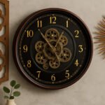 Dark Maroon Wall Clock with Black Dial Golden Moving Gears and Numbers Steampunk Wall Clocks