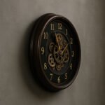 Dark Maroon Wall Clock with Black Dial Golden Moving Gears and Numbers Steampunk Wall Clocks