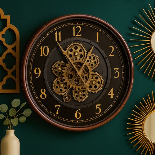 Dark Maroon Wall Clock with Black Dial Golden Moving Gears and Numbers Steampunk Wall Clocks