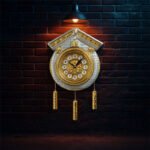 Cuckoo Wall Clock with Golden Weights in White and Silver Color