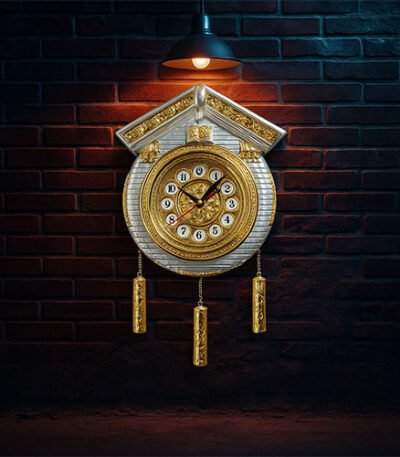 Cuckoo Wall Clock with Golden Weights in White and Silver Color