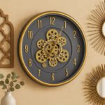 Gold Gear Wall Clock With Charcoal Grey Background