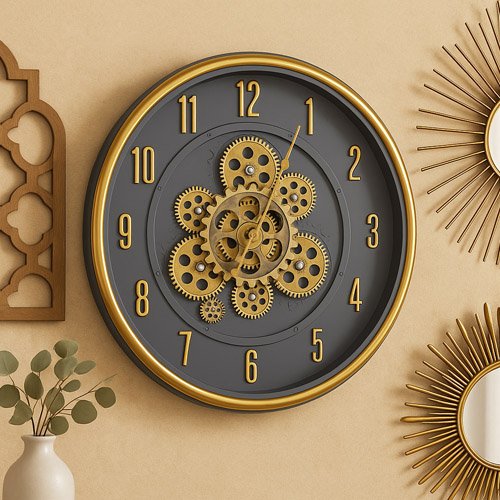 Gold Gear Wall Clock With Charcoal Grey Background