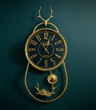 Golden Deer Head Pendulum Wall Clock Black Dial