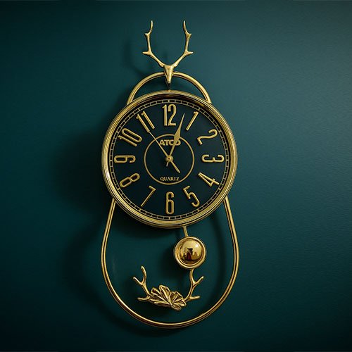 Golden Deer Head Pendulum Wall Clock Black Dial