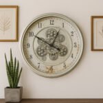 Silver Wall Clock With Metallic Moving Gears
