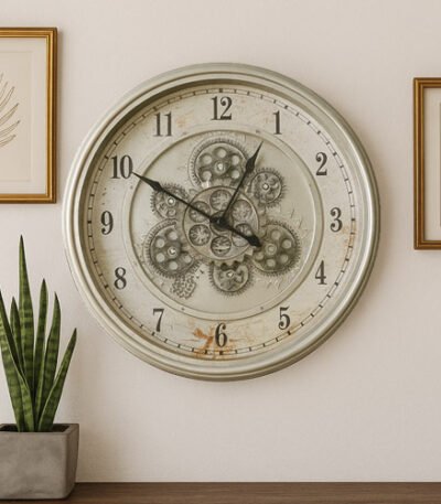 Silver Wall Clock With Metallic Moving Gears