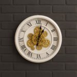 White Marble Wall Clock With Roman Numerals And Golden Moving Gears