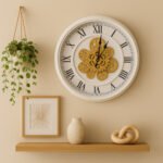 White Marble Wall Clock With Roman Numerals And Golden Moving Gears