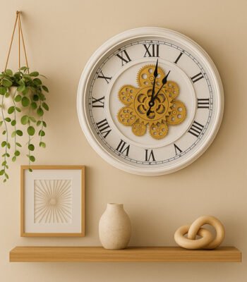 White Marble Wall Clock With Roman Numerals And Golden Moving Gears