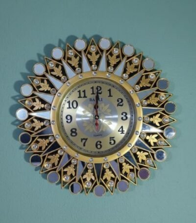 Gold Sunburst Wall Clock with Crystal and Mirror