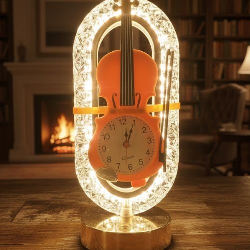 Decorative Crystal Frame Violin Desk Clock with Built-in Lamp Feature (3)